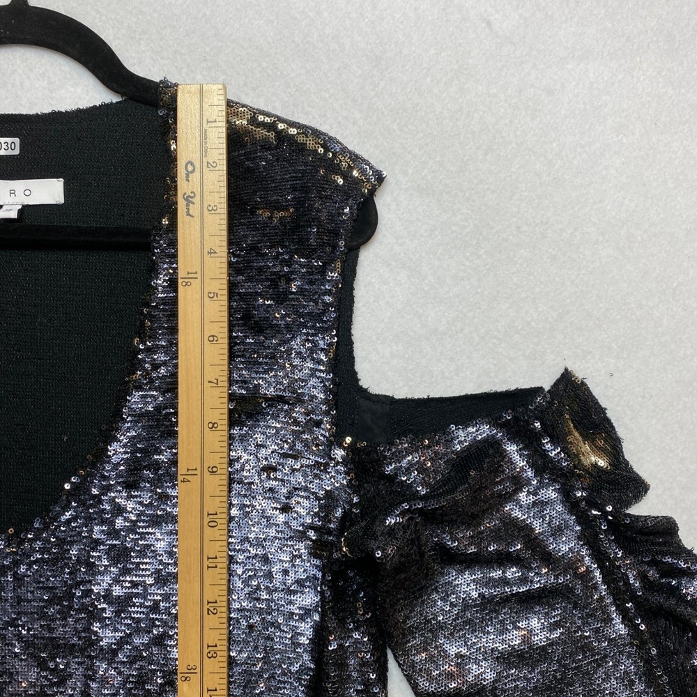 IRO Cold Shouder Top Womens Size 36 Black Sequin Ruffle Sleeve V-Neck - Picture 2 of 9
